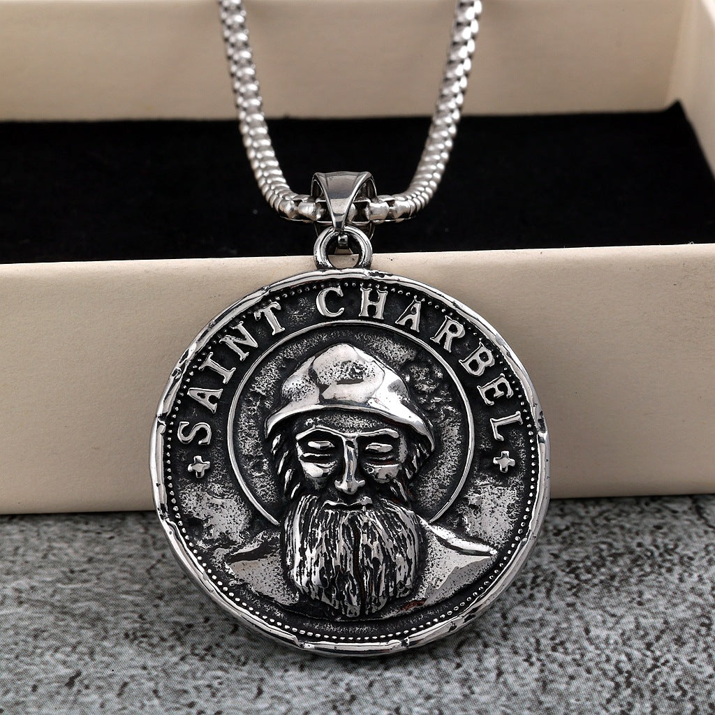 Men's vintage stainless steel Saint Chapelle double-sided medal pendant